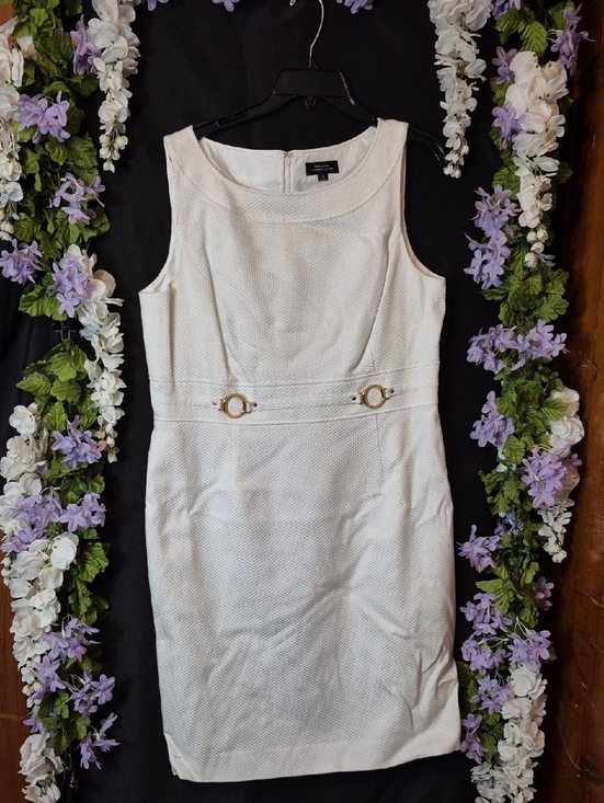 Tahari Dresses & Skirts - Tahari White Textured Midi Sheath Dress with Gold Buckle Detail